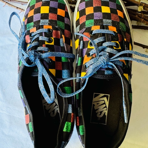 Metallic Checkered Multicolored Vans, women’s size 7.5, with Blue Sparkled Laces - Picture 2 of 13